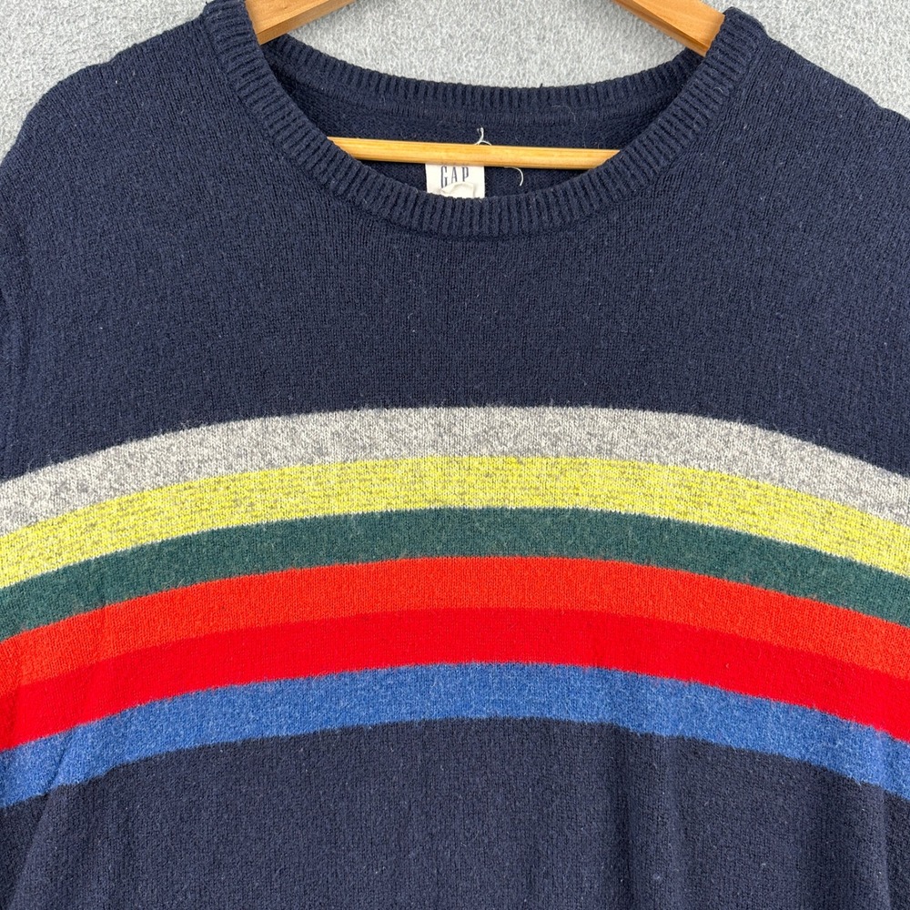 Gap Sweater Mens L Blue Rainbow Stripe Crewneck Merino Wool Blend Long Sleeve